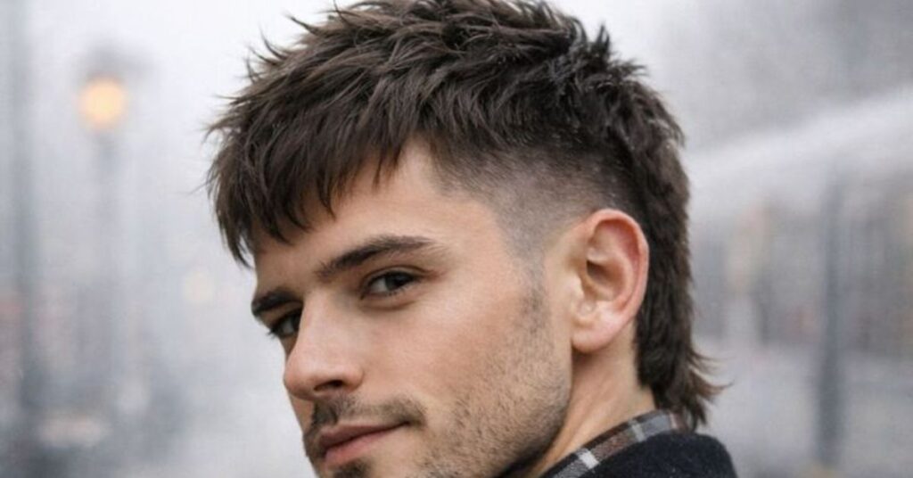 Men's burst fade mohawk with layered texture and sharp tapered sides for an alpha look