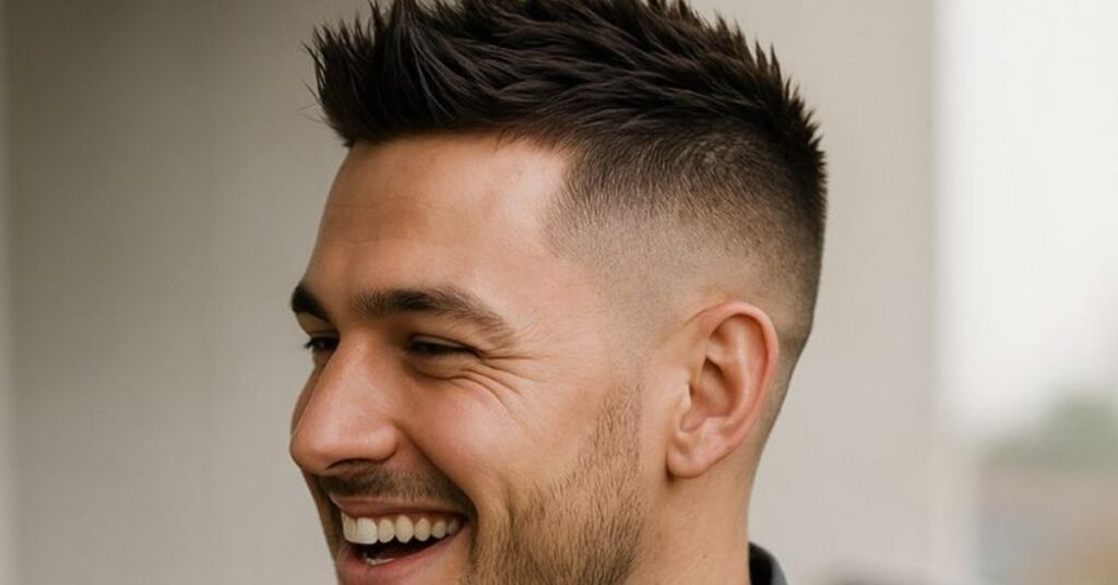 High fade crop with geometric line art on sides.