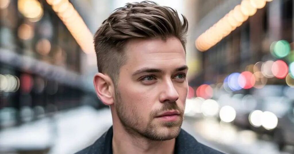 Men's full brush back layered haircut with volume and alpha style grooming