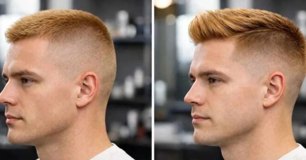 Comparison of a high and tight military haircut versus a soft natural fade for men.