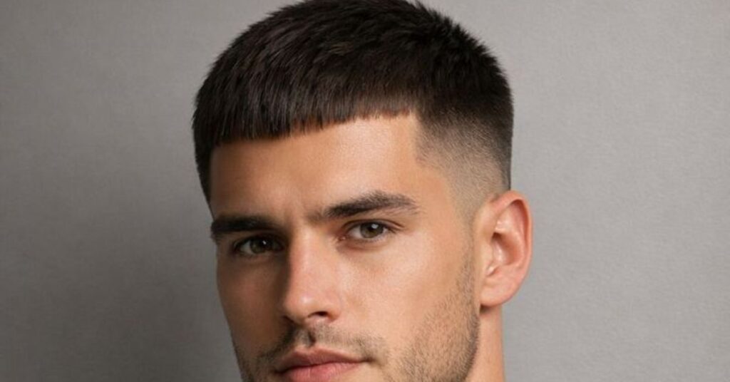 Layered French crop haircut with a low fade and textured top for men.
