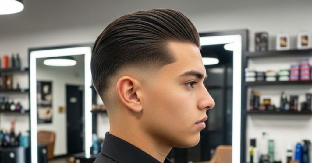 Modern layered slick back hairstyle for men with a disconnected undercut and textured volume.