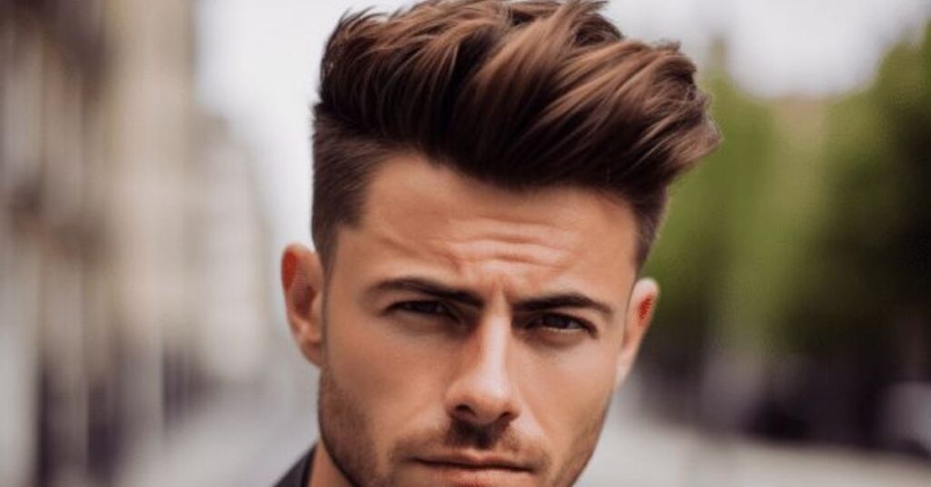 Low burst fade slick back hairstyle for men with sharp, curved sides
