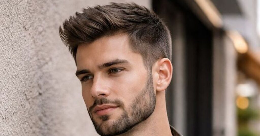 Mod cut with a sharp angular fringe and layered crown texture.