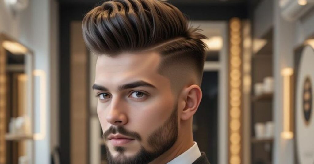Modern pompadour fade with a textured voluminous top and clean tapered sides