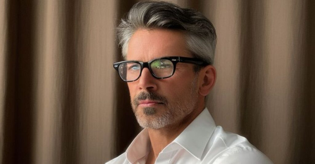 Salt and pepper messy hair mens with natural grey texture and distinguished look