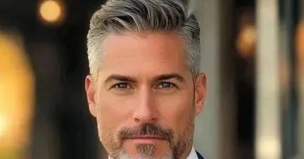 Salt and pepper slick back hairstyle for men with distinguished, mature look