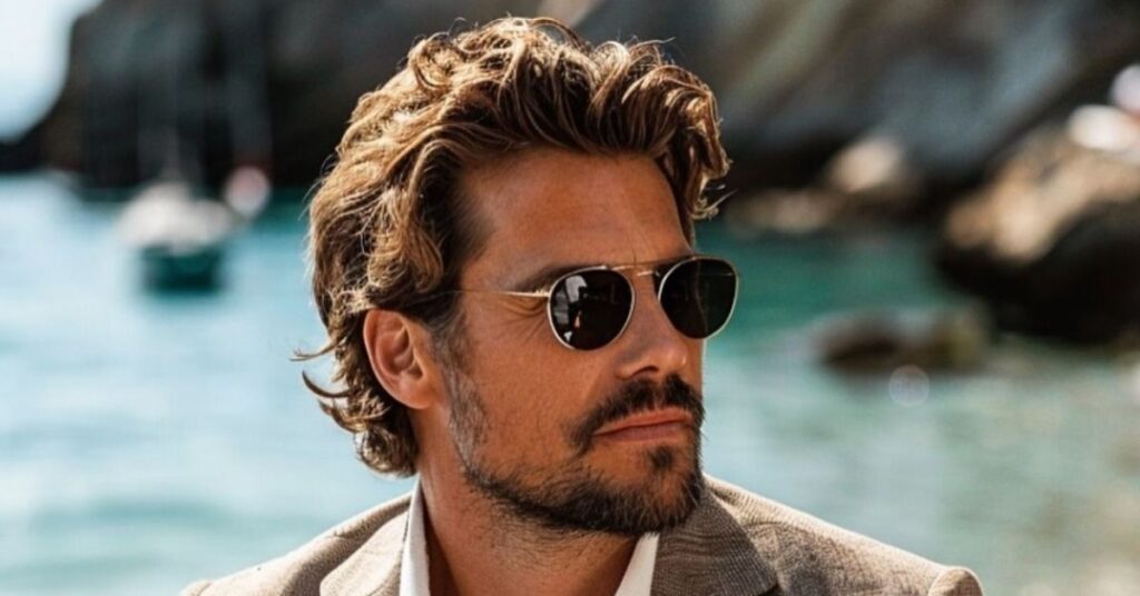 Slick back hairstyle for men with light stubble and clean, polished finish