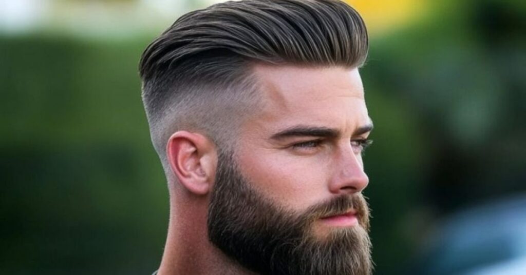 Slick back hairstyle for men with Van Dyke beard and sharp, polished finish