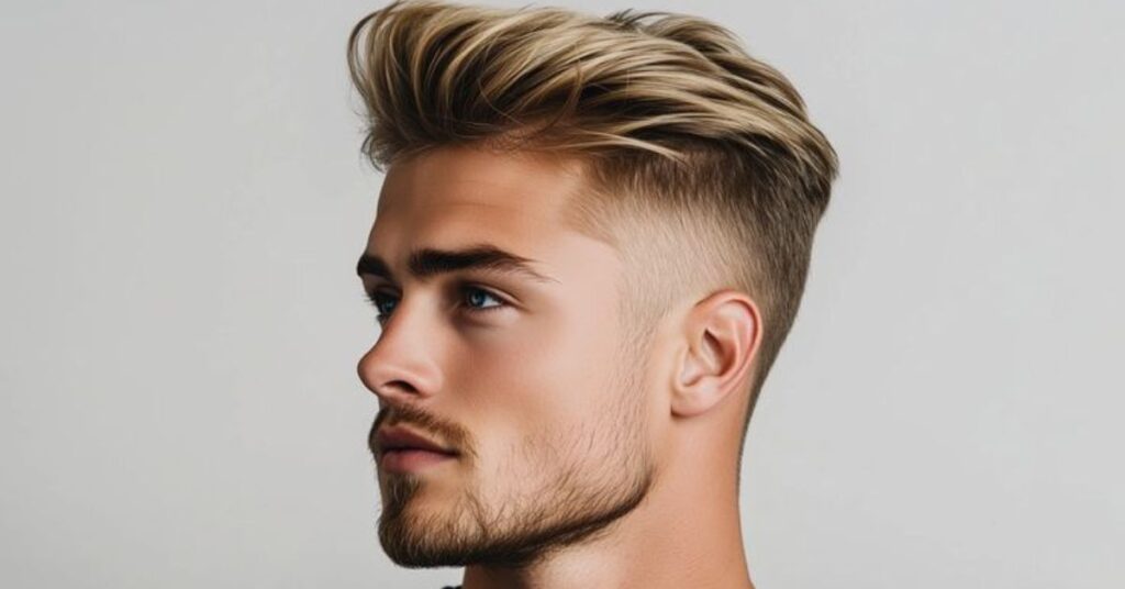 Textured burst fade haircut with natural curls and a sharp curved taper