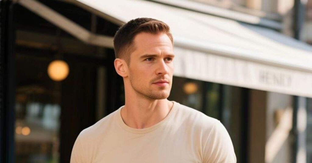 Modern textured Caesar cut with a short horizontal fringe and high taper fade