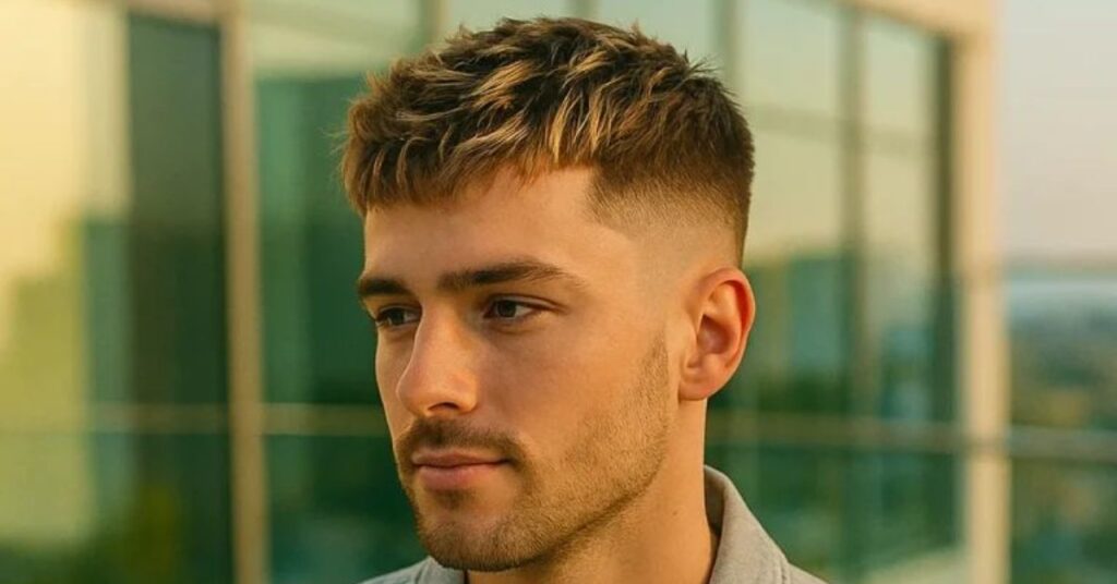 Textured crop haircut with a sharp drop fade and piecey fringe for men