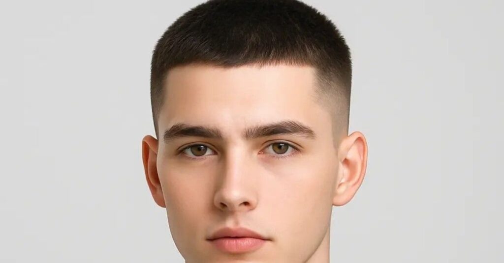 Side view of a professional men's buzz cut with a clean skin fade.