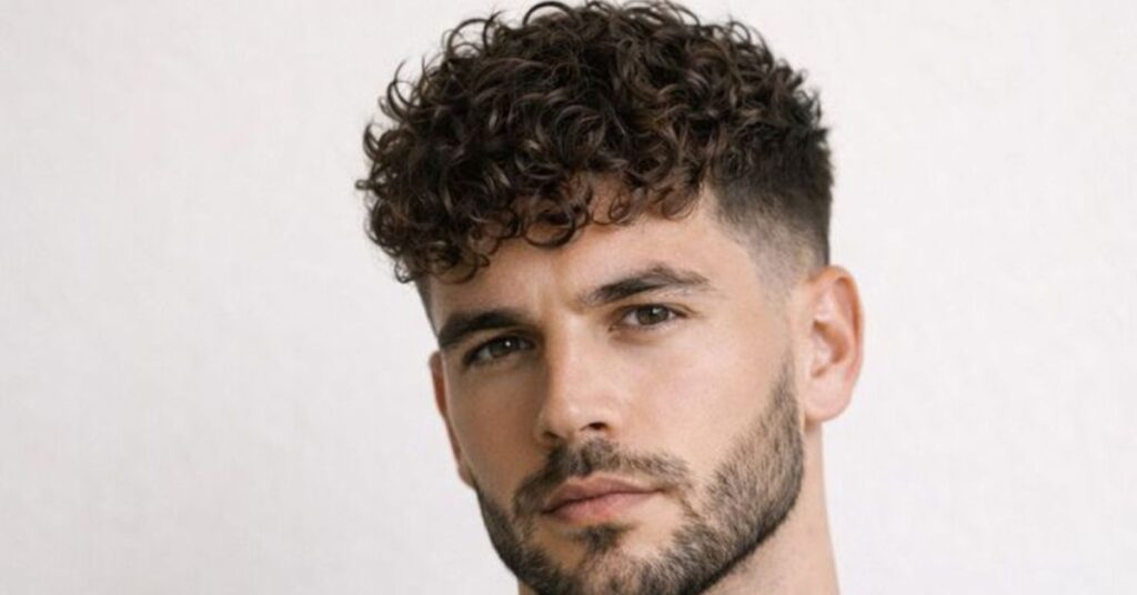 Men's long curly hair fade with layered definition and a sharp taper for natural texture.