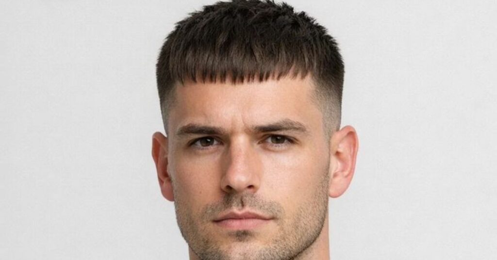 Alt Text: The French Crop Mod featuring a blunt-cut fringe and tight tapered sides, a sharp and low-maintenance option for the best mod haircuts for men.