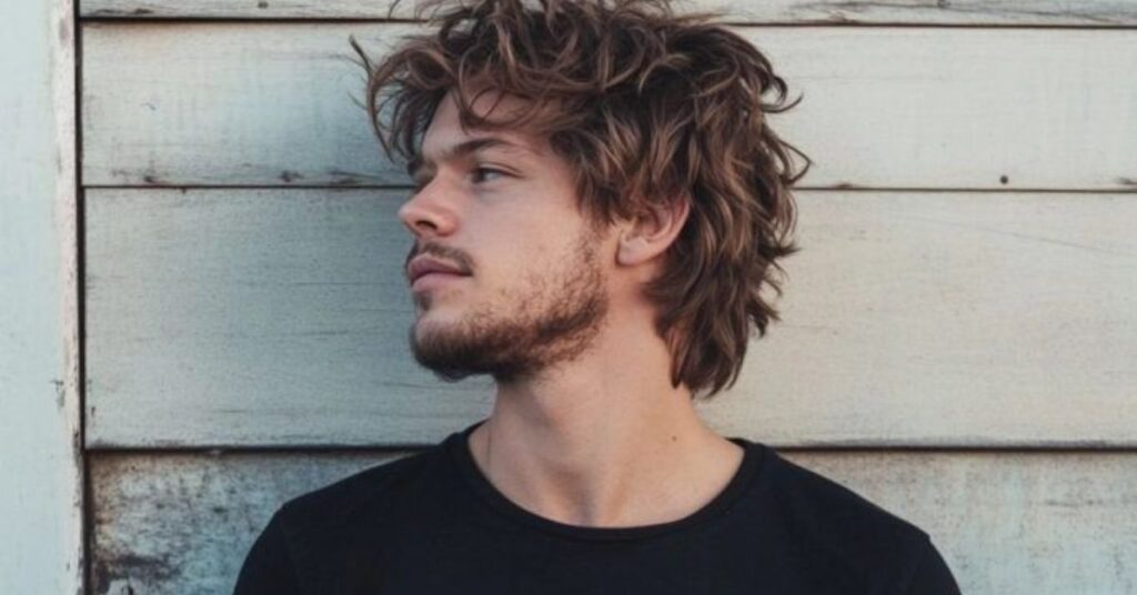 Modern hipster shag for men featuring high-volume crown layers, a thick mustache pairing, and hand-styled organic texture.