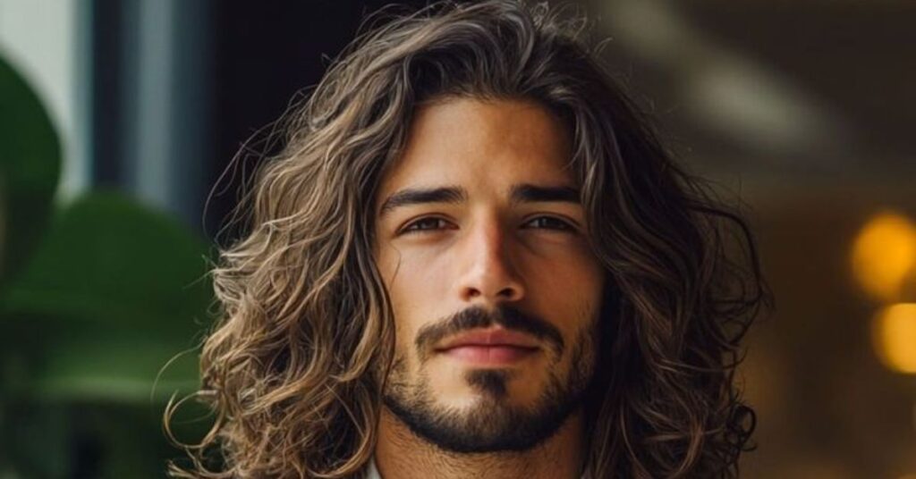 Long rock n’ roll shag haircut for men featuring deep razor-cut layers and high volume for a 70s vintage aesthetic.