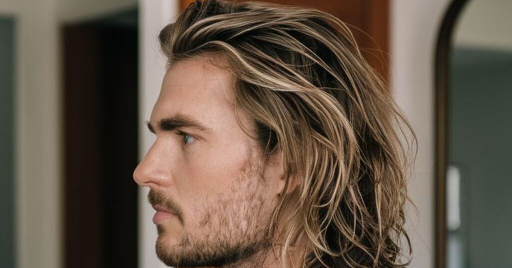 Low taper shag haircut for men featuring a subtle neckline taper and soft textured layers for a professional messy look.