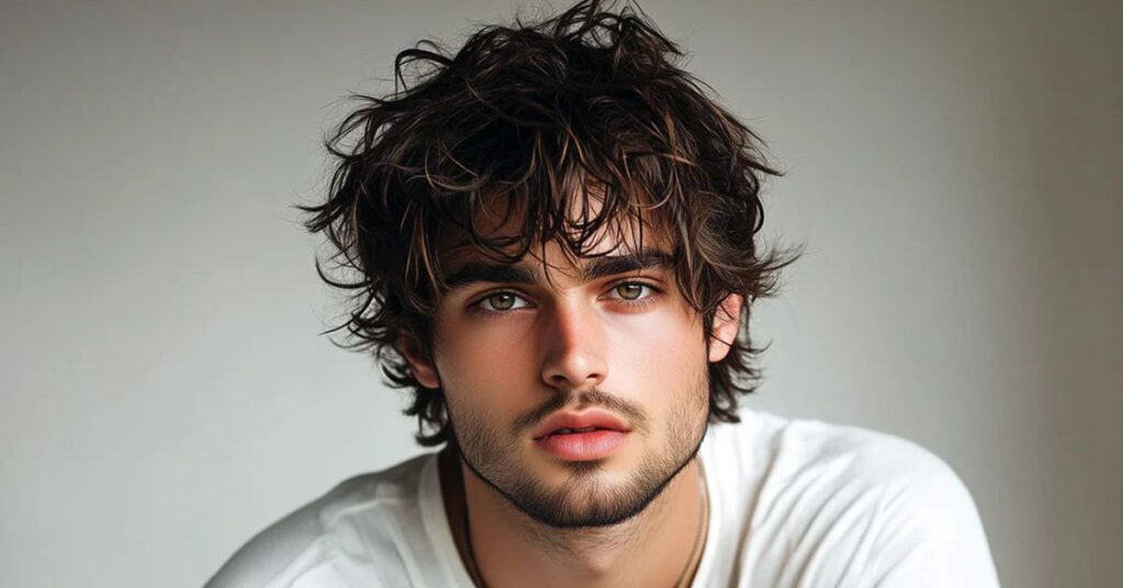 Edgy rockstar shag haircut for men with heavy crown volume, sharp razor-cut face-framing layers, and a rebellious 70s-inspired silhouette.