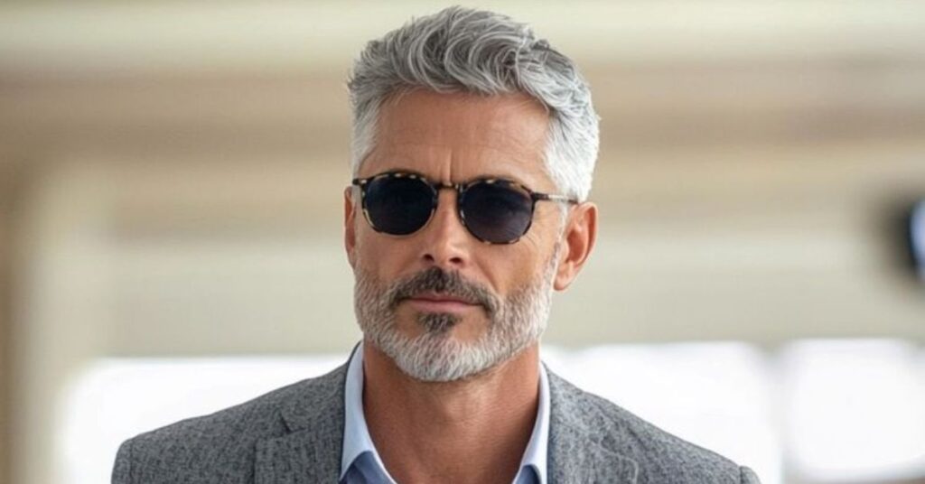 Mature men’s salt-and-pepper shag haircut with textured grey layers, added volume at the crown, and a sophisticated messy finish.