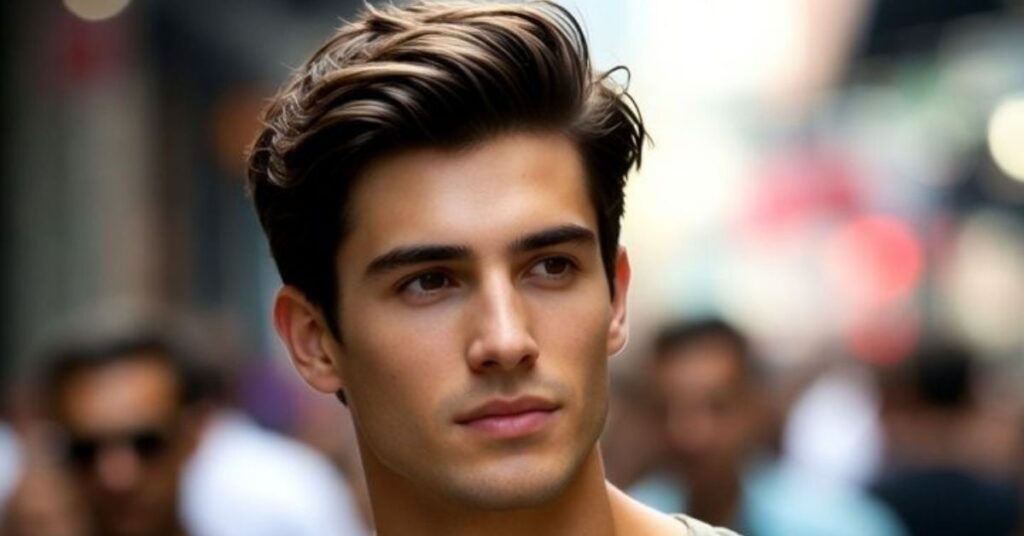 Shaggy burst fade haircut for men with a semi-circular fade around the ears and long messy textured layers on top.