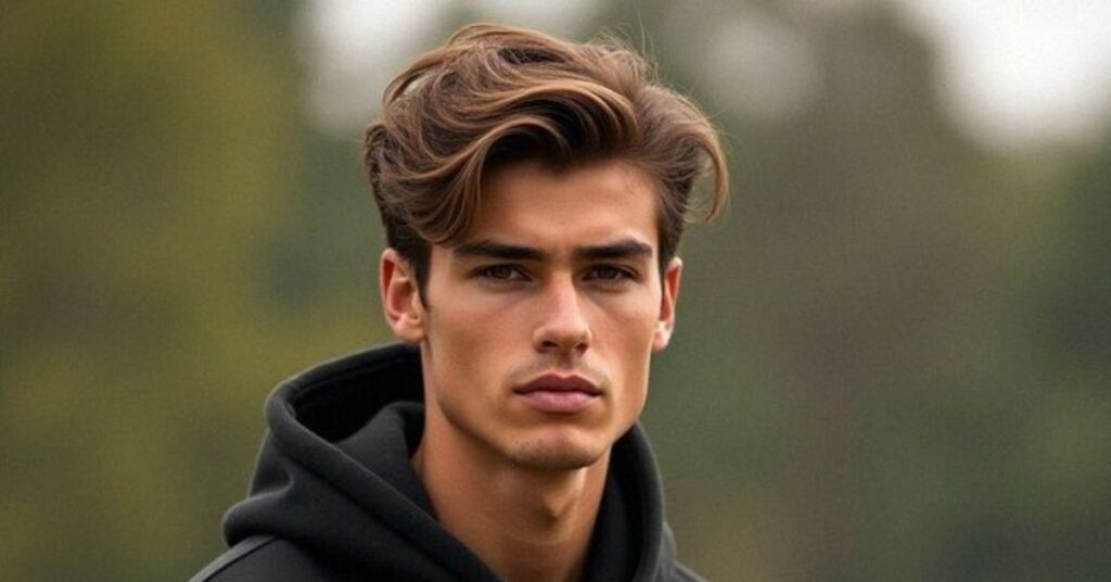 Men’s shaggy faux hawk haircut featuring a spiked textured center ridge and messy layered sides with a tapered finish.