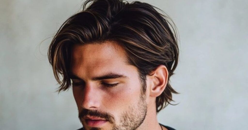 Shaggy mullet haircut for men featuring a messy textured front, short sides, and long layered hair at the back.