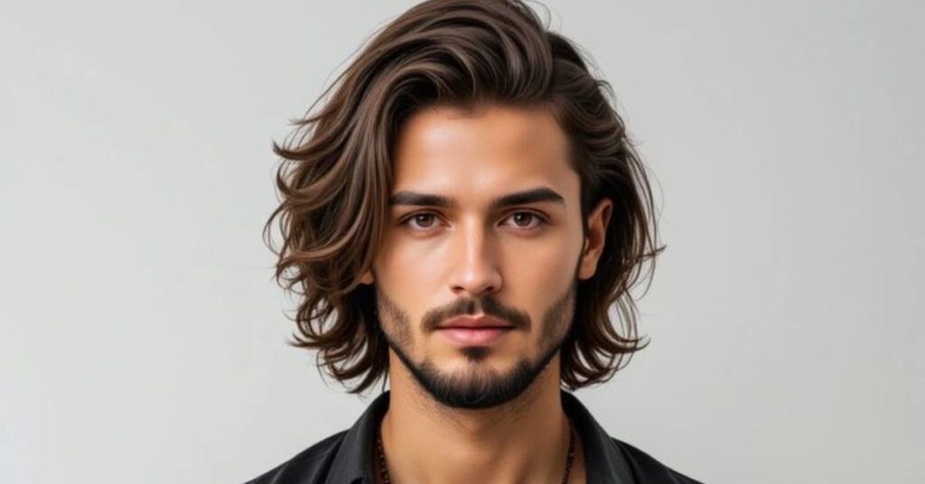 Shoulder-length flow haircut for men with heavy shaggy layers and face-framing texture for natural waves.