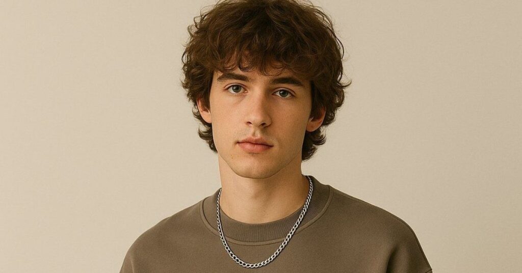 Men’s skater shag haircut featuring long chin-length layers, a heavy swept-over fringe, and a low-maintenance lived-in texture.