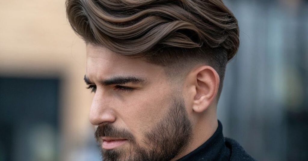 Slicked-down low fade hairstyle for men with smooth, close-cut sides