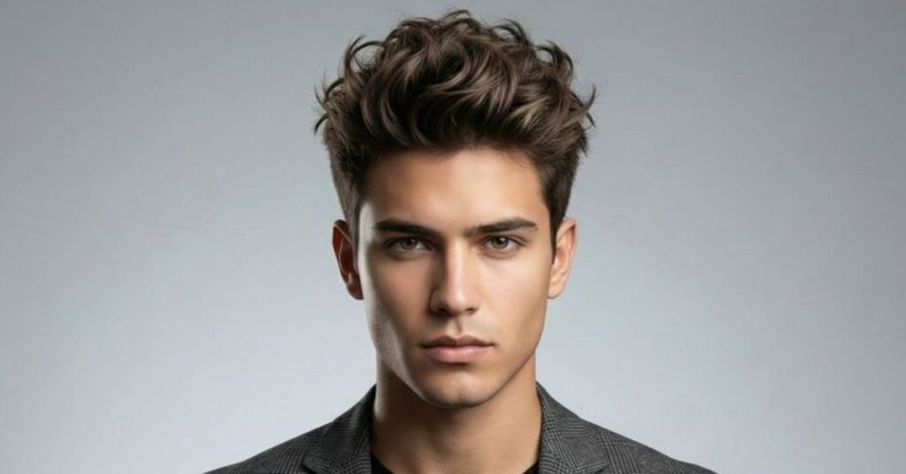 Classic textured quiff haircut with high volume and faded sides for men