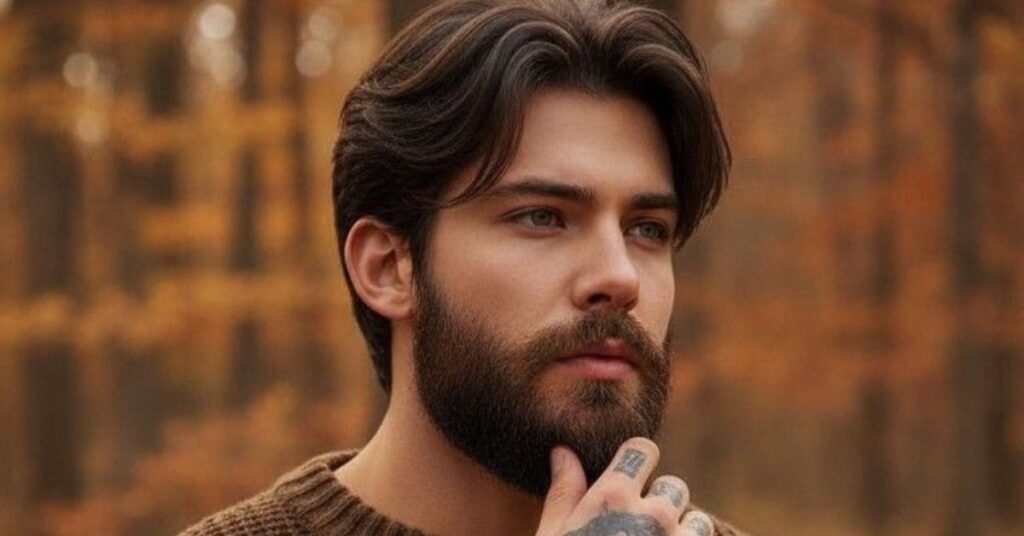 Viking sweep hairstyle for men with long, textured slicked-back hair