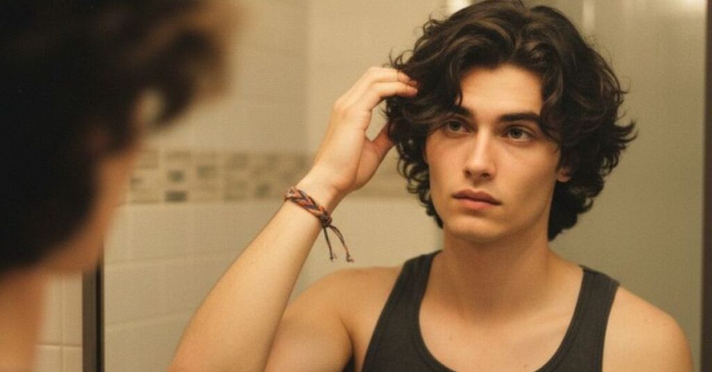 Wavy shag haircut for men with effortless beachy waves, deep textured layers, and a relaxed messy fringe.