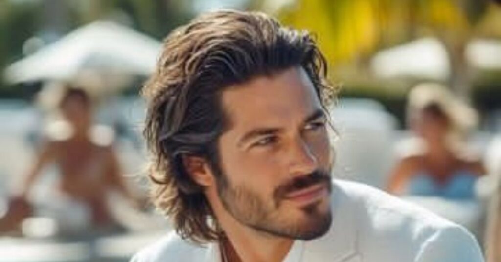 Wavy mid-part curtain hair mens with messy natural texture