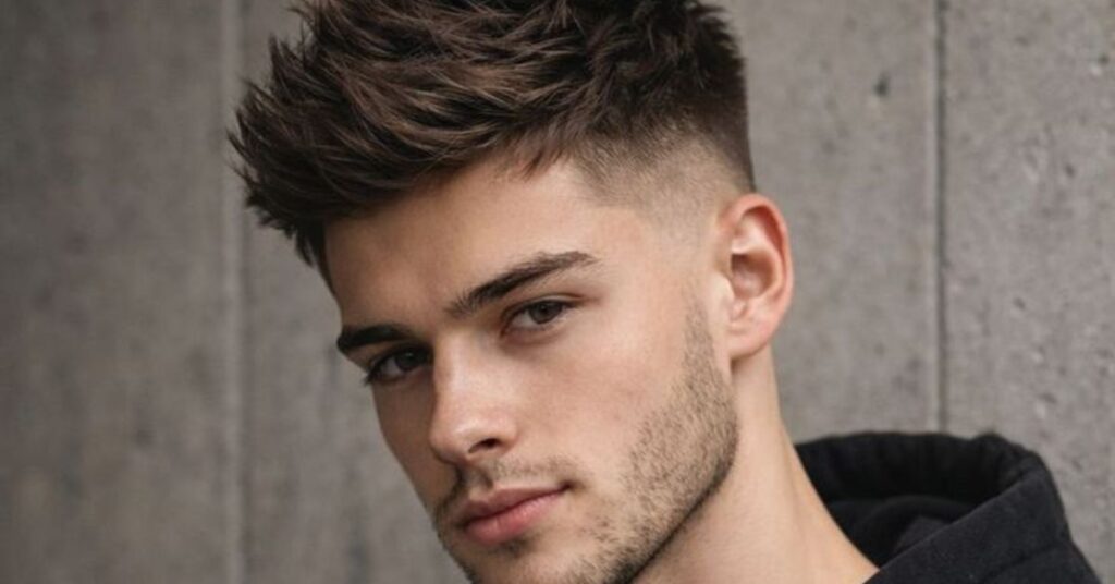 Classic French crop haircut with tapered sides and straight fringe