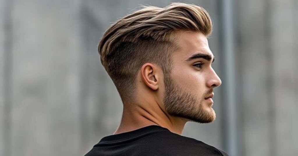 Structured side part combined with a sleek slick-back style.