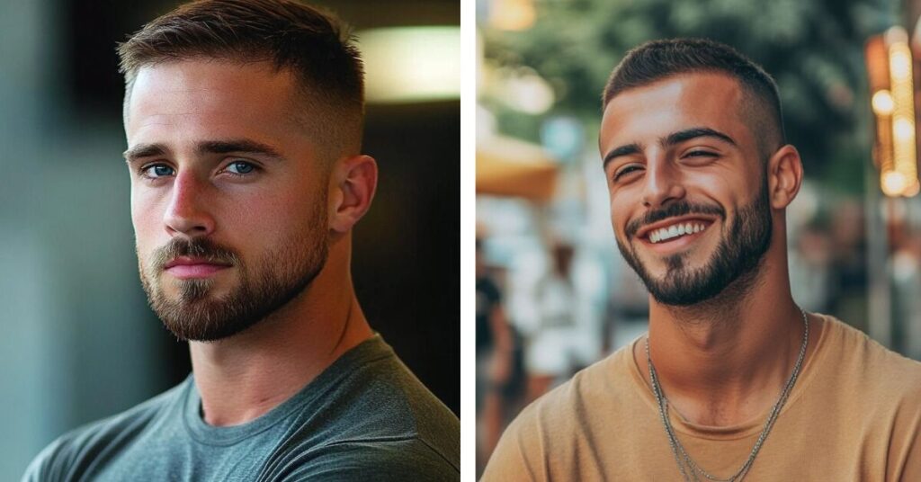 Short brush crew cut styled upright with subtle height