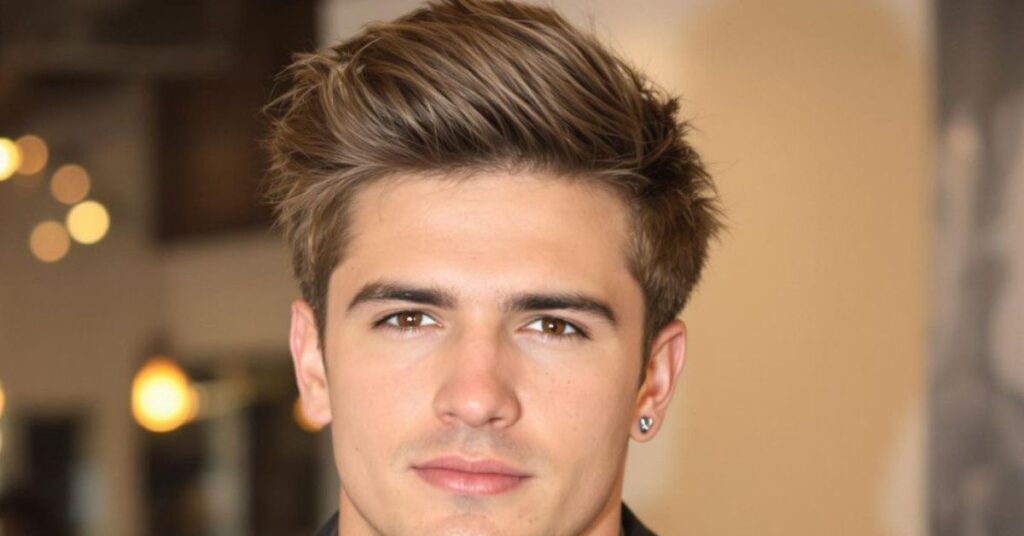 Modern hairstyle featuring an asymmetrical angled fringe and short tapered sides.