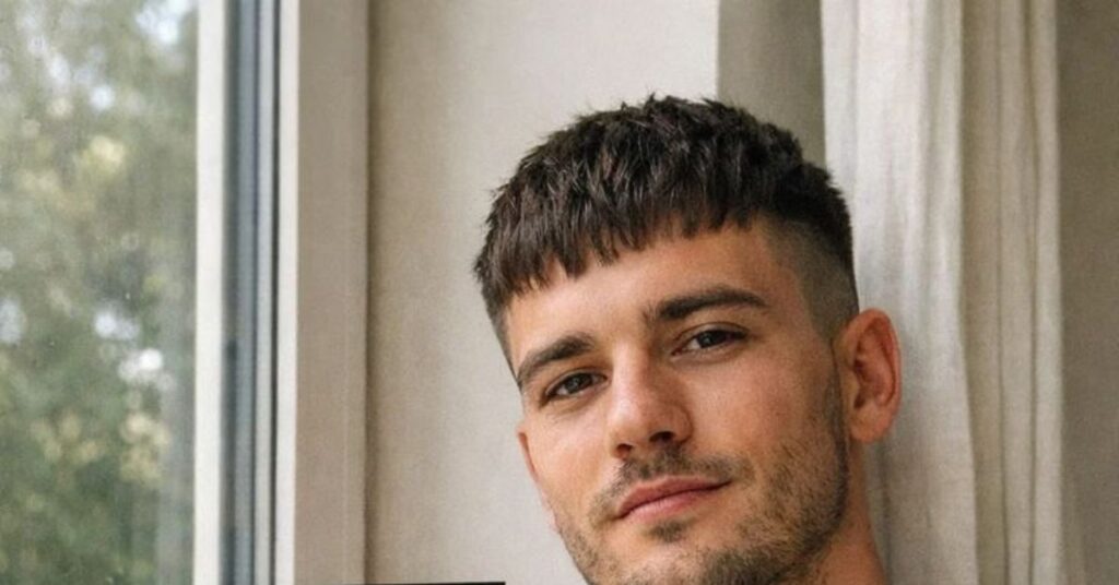 Modern French crop hairstyle for men featuring a forward-swept fringe and clean taper fade.