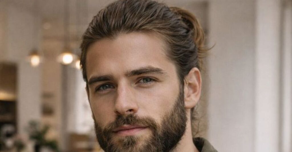 Modern half-up top knot for men with long hair and a relaxed, natural finish.