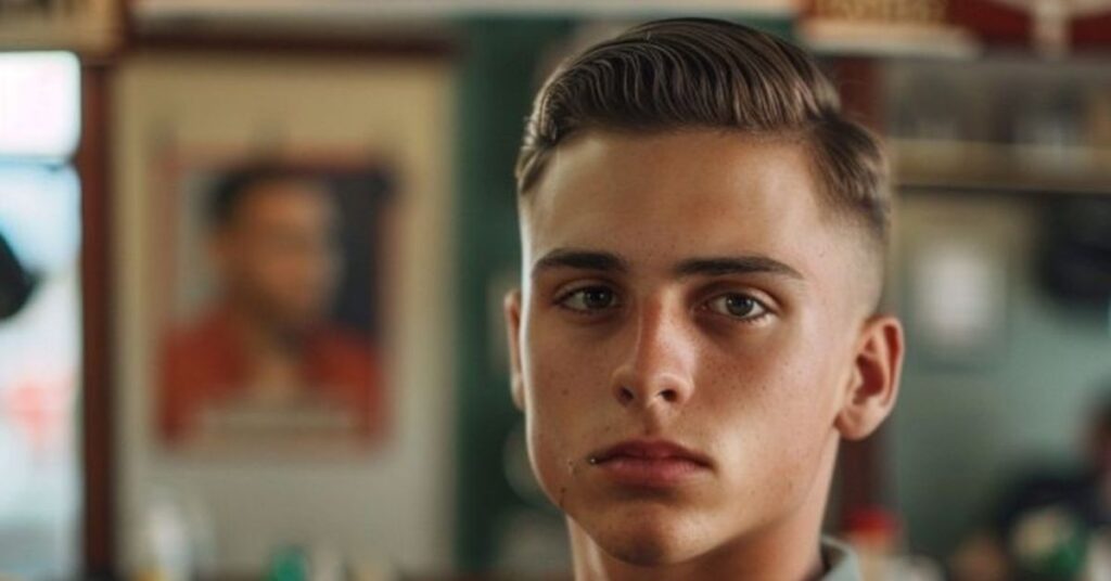 Classic Ivy League haircut with a short, neat fringe swept to the side.