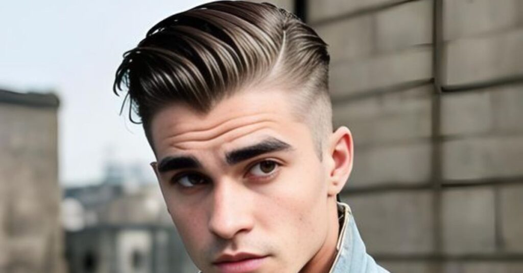 Straight-across long fringe hairstyle for men with a smooth, polished finish.
