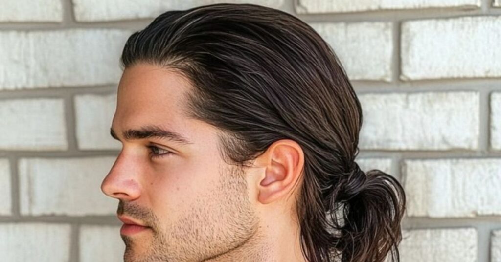 Trendy top knot for men with long hair and a natural, tied-back finish.