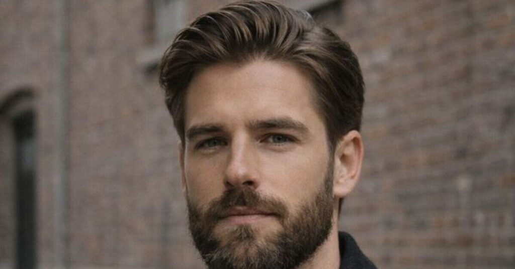 "Modern textured quiff with high volume on top and a clean mid-fade on the sides.