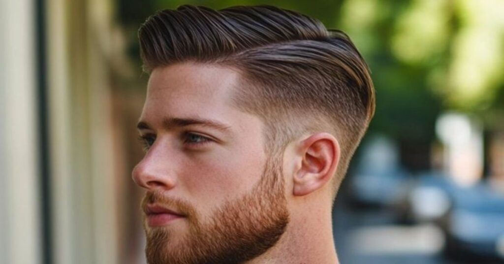 Vintage-style classic side part haircut for men featuring a high-shine pomade finish.