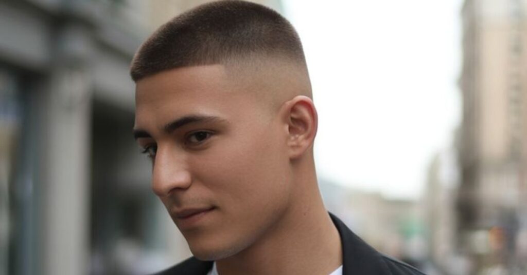 High skin fade haircut with a seamless transition from long hair on top to bald skin on the sides.