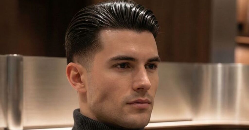 Sharp slicked back hairstyle for men featuring a high skin fade and polished finish.