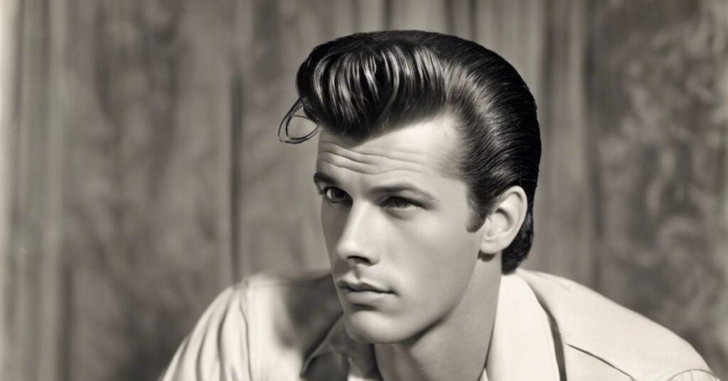The classic pompadour hairstyle with high volume on top and neatly combed back sides.