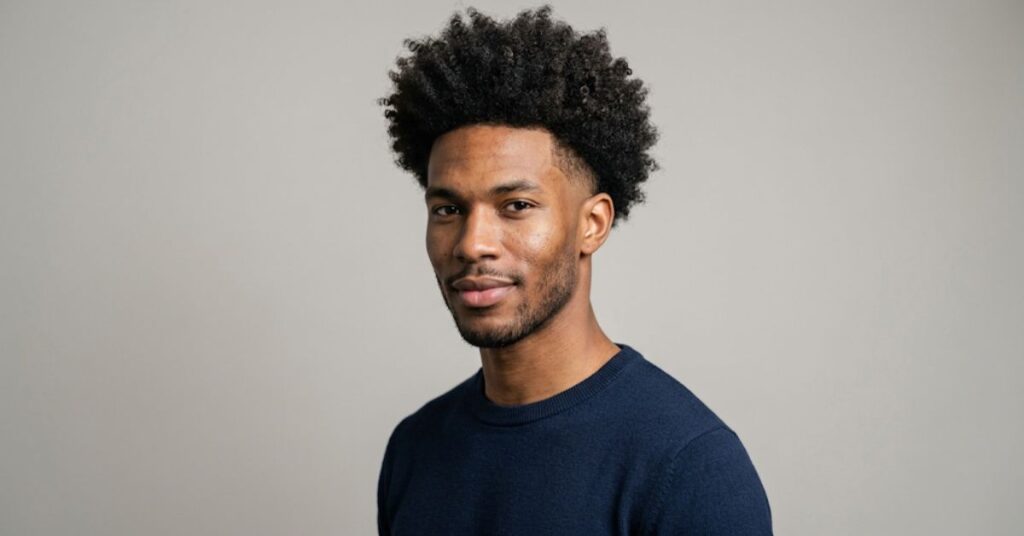 Afro fade haircut for men with full curly top and faded sides