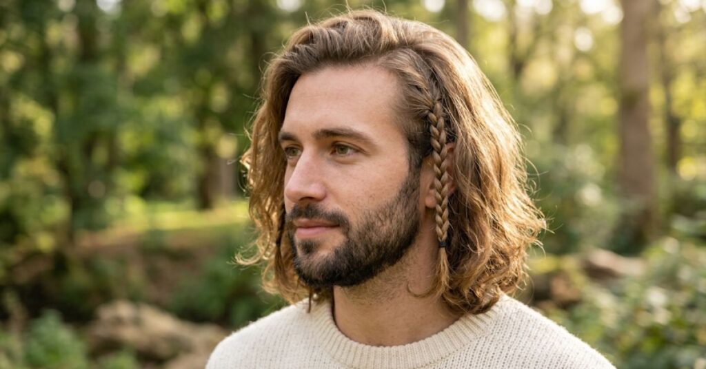 Man with medium-length wavy light brown hair worn loose, with a thin braid at the temple, in a cream knit sweater